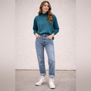 Cross Creek Mock Neck Long Sleeve Top XL Teal Blue Vintage‎ Made in USA